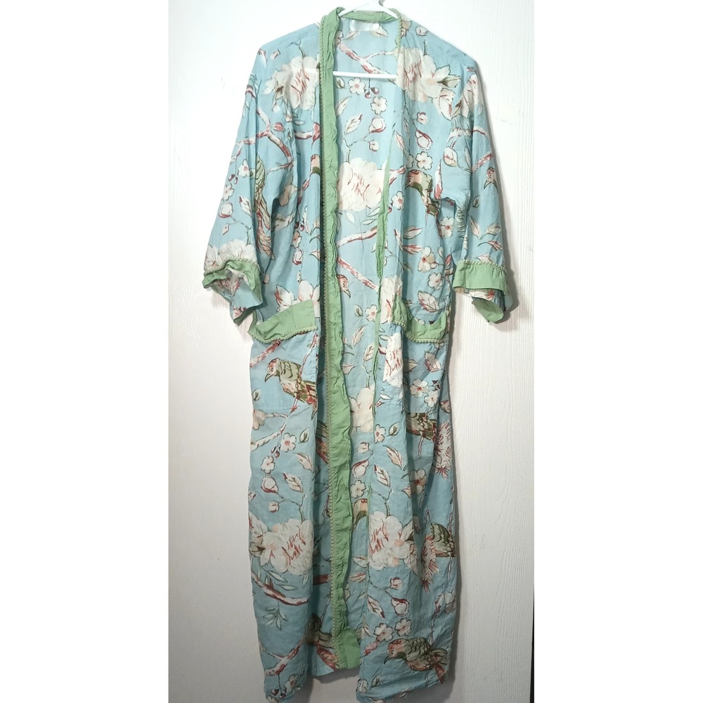 POWELL CRAFT long blue floral bird Japanese blossom robe OS Dressing Gown Kimono